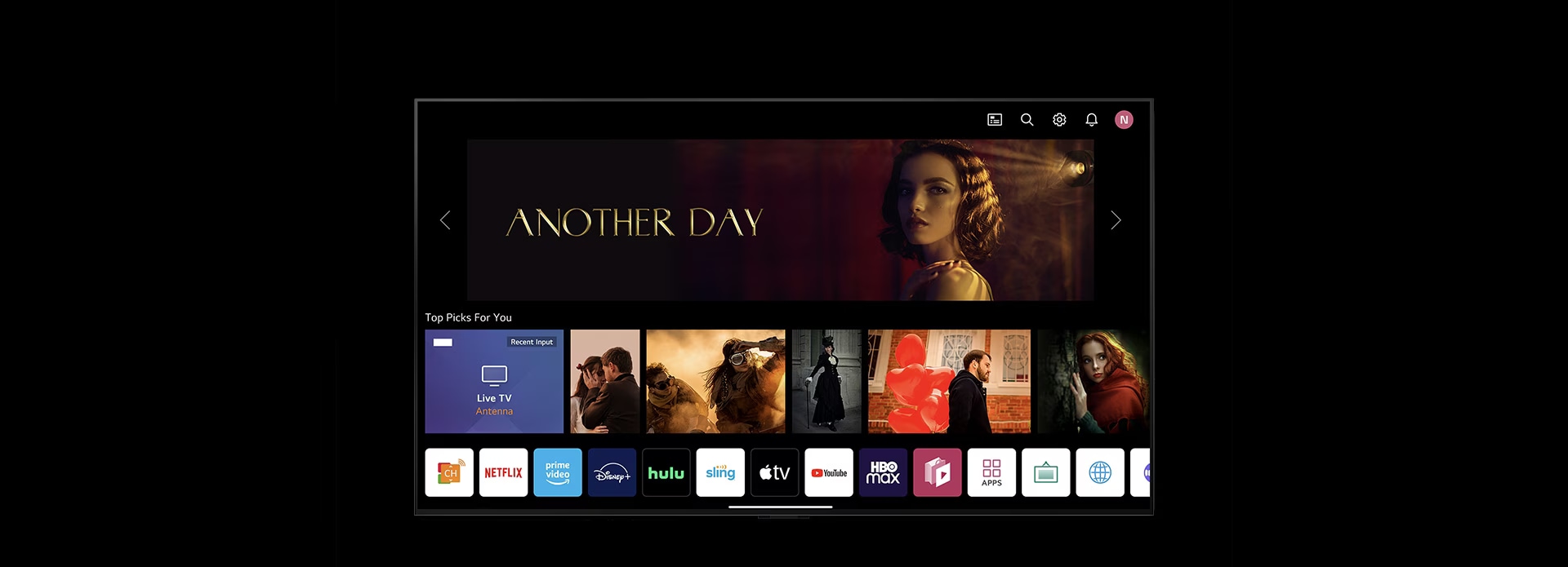 Several apps float against a black backdrop then neatly arrange themselves onto a television screen.
