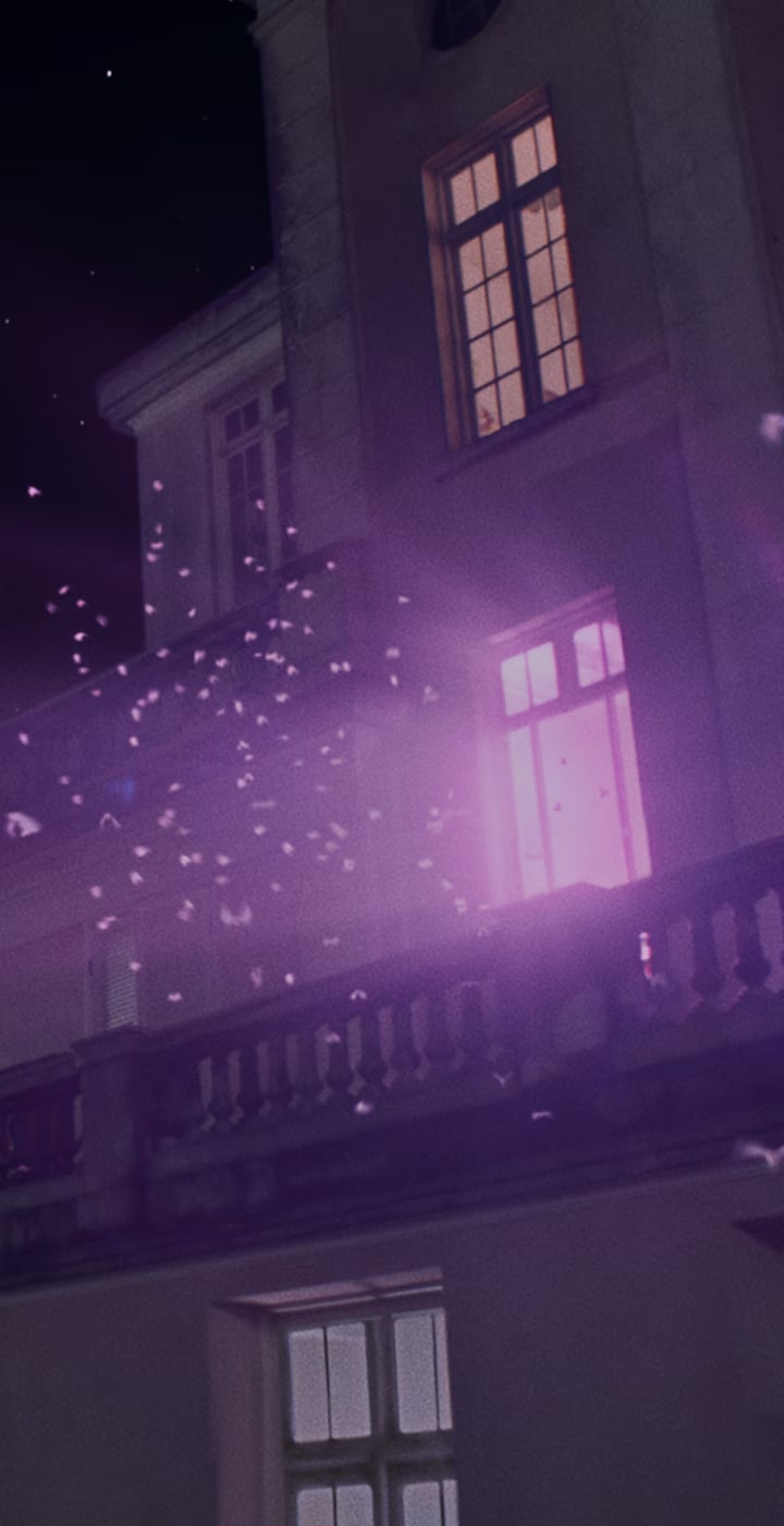 Moths flock across the night sky toward the top of a mansion. From the living room window, the camera cuts to a silhouette of a couple watching TV on the sofa. Bands of blue and purple light sway onscreen.