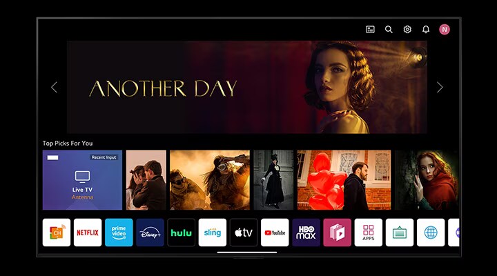Several apps float against a black backdrop then neatly arrange themselves onto a television screen.