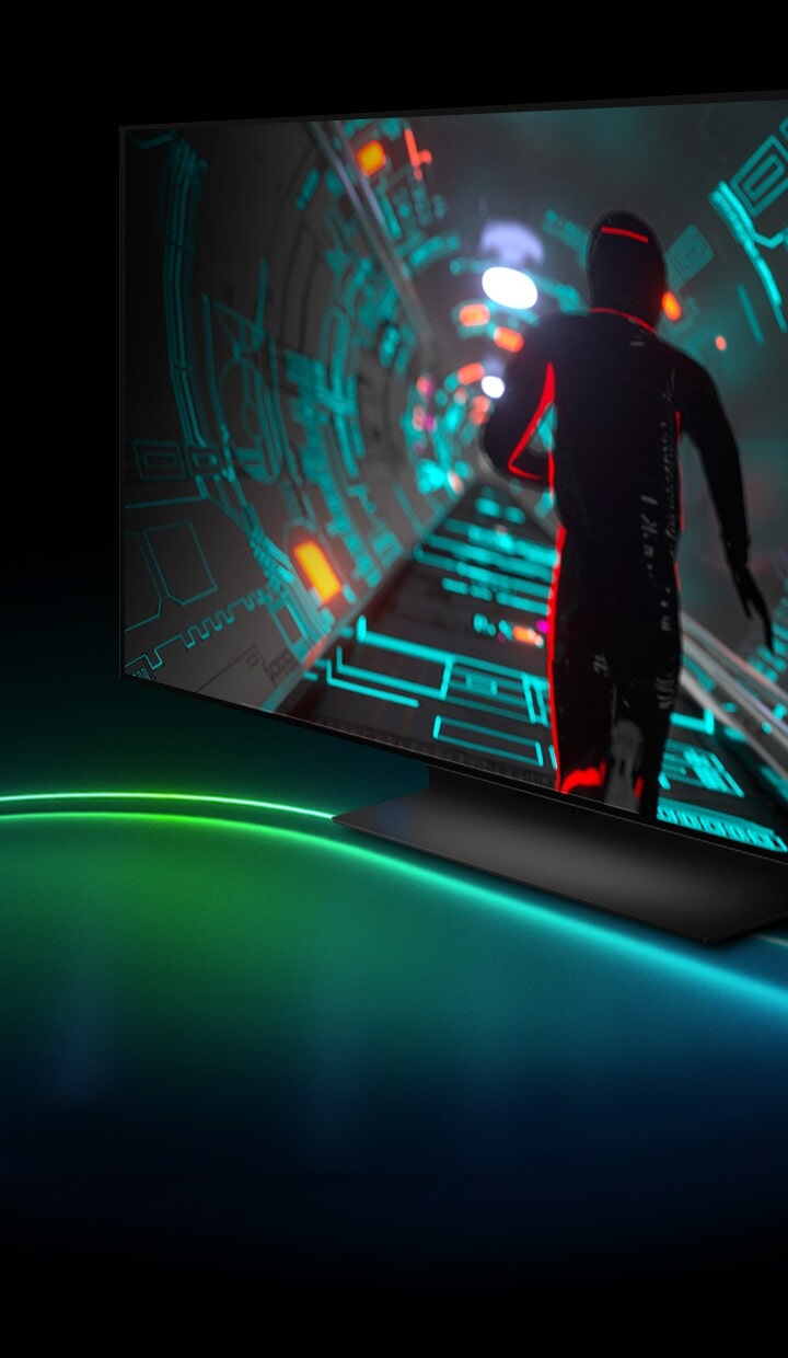 一個科幻遊戲角色跑過一條有霓虹燈的隧道