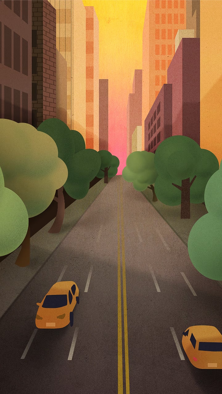 描繪兩旁樹木林立的城市道路的蠟筆畫，車輛在道路上行駛。