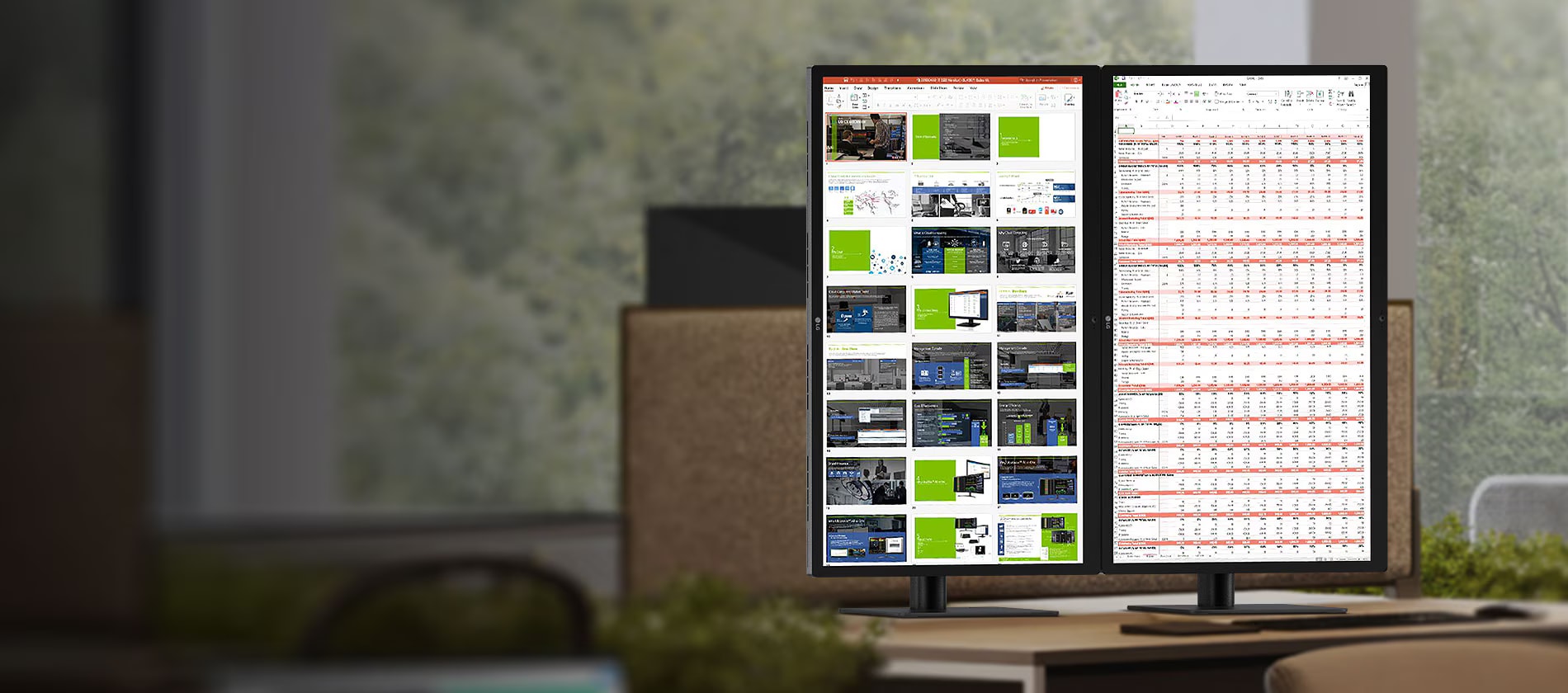 Két forgatható 27BL65C az asztalra van helyezve és megtekintheti az eszköz kulcsfontosságú tulajdonságait