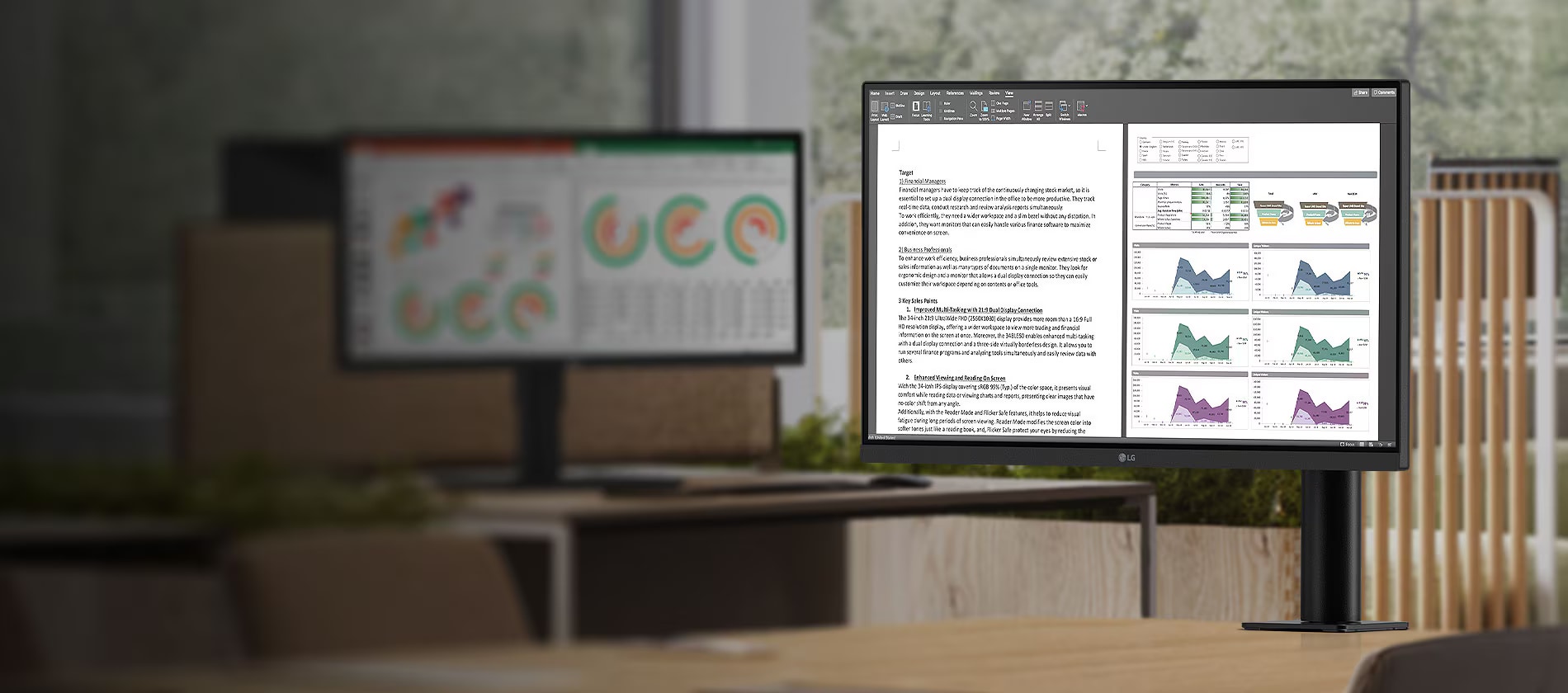  27QN880 az asztal sarkára van felszerelve és megtekintheti az eszköz kulcsfontosságú tulajdonságait