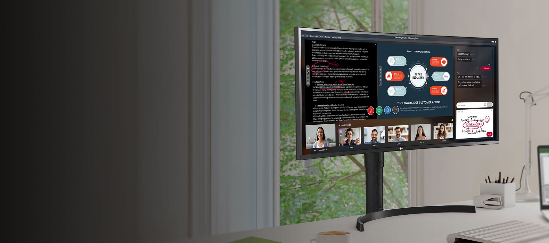 34WN80C az asztalra van helyezve és megtekintheti az eszköz kulcsfontosságú tulajdonságait