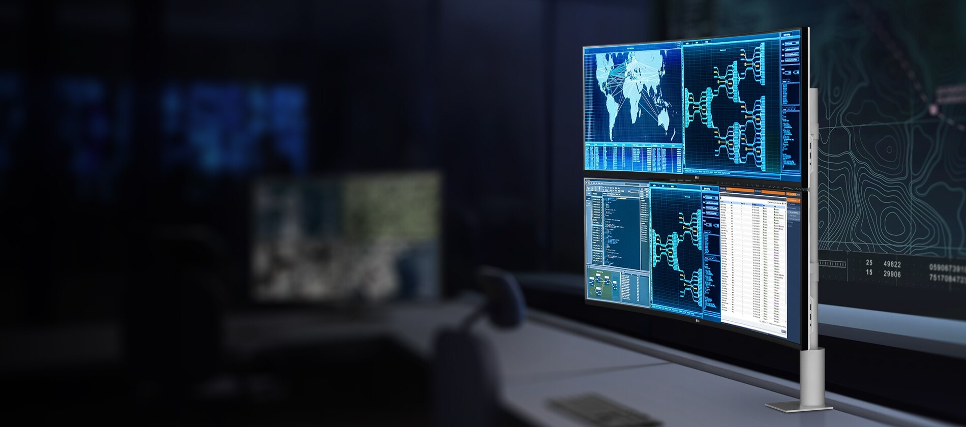 Két 49WL95C monitor kettős függőleges monitor állványra van felszerelve és megtekintheti az eszköz kulcsfontosságú tulajdonságait