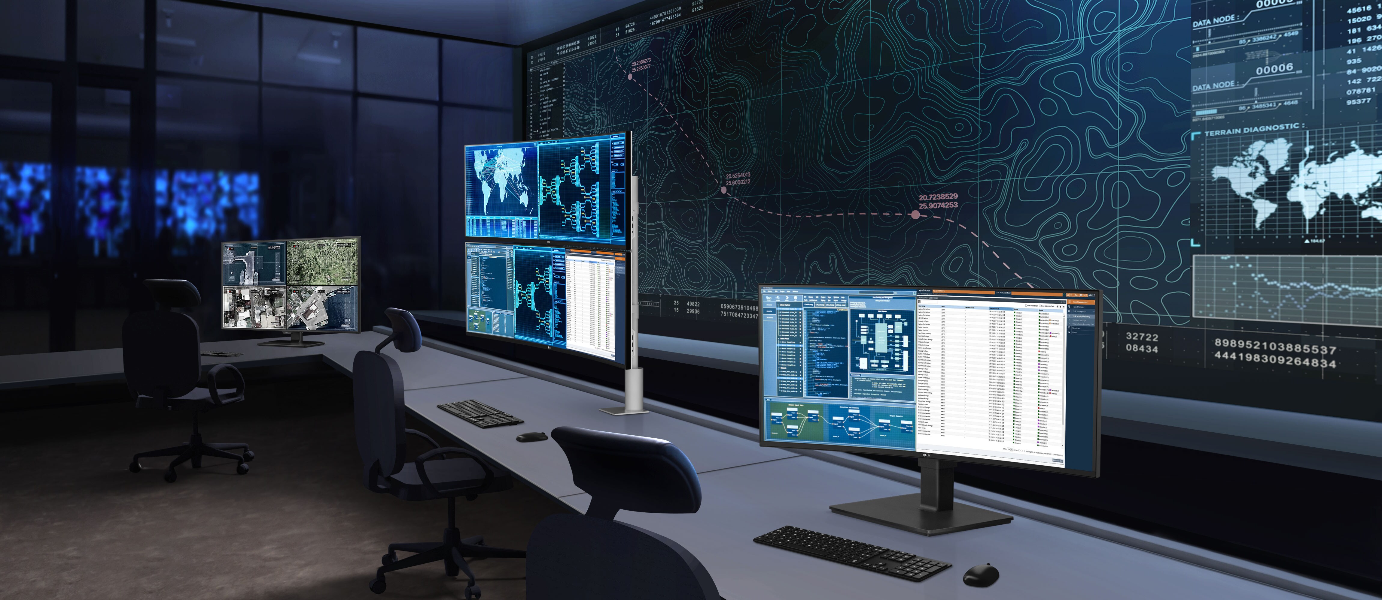 43BN70U, 49WL95C és 34BN77C az asztalra van helyezve a vezérlőteremben.