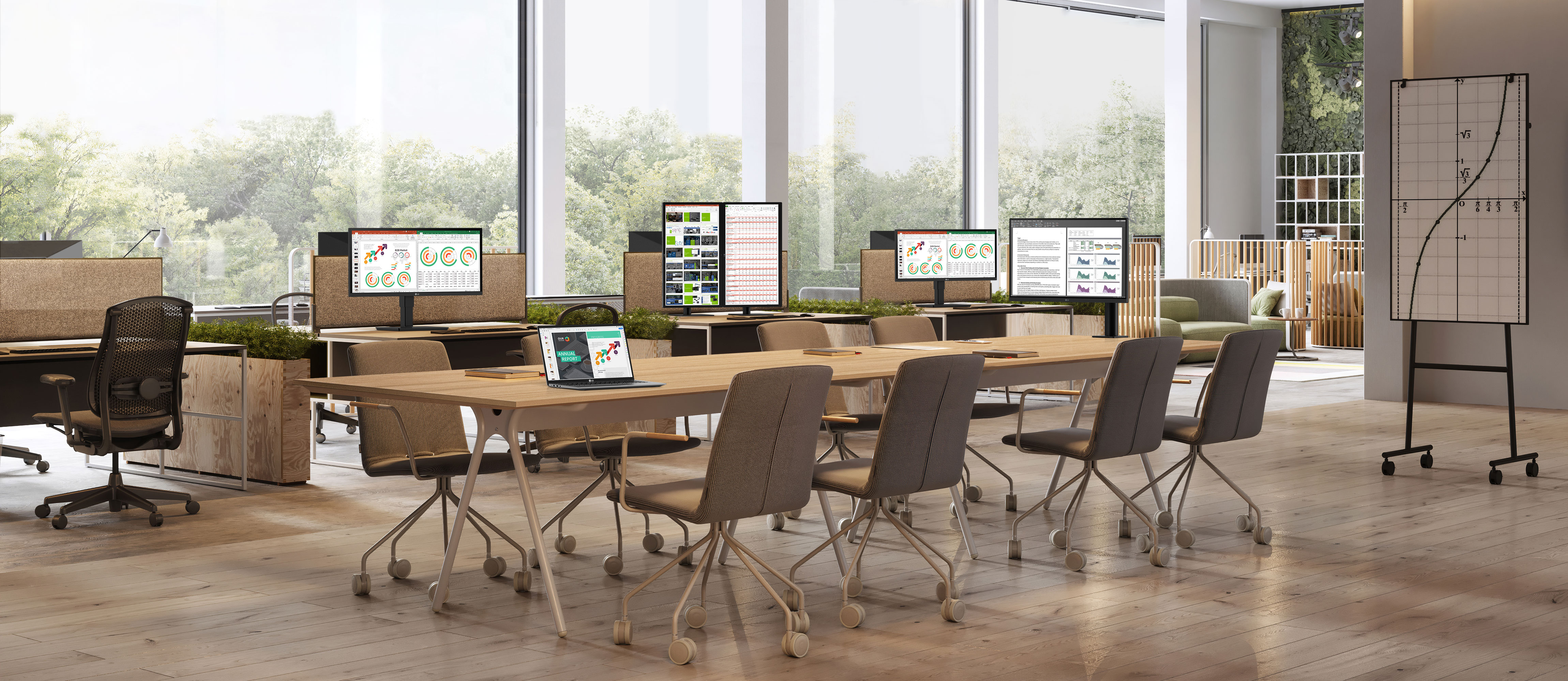 34BN770, 27BL650C, 27QN880 és 15Z90N az asztalra van helyezve a vállalati irodában.