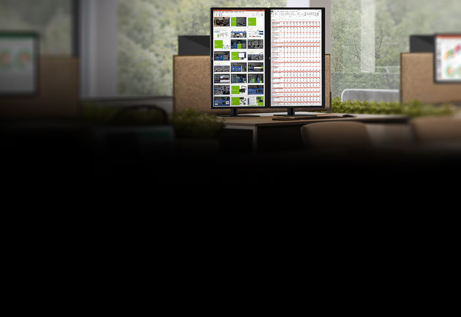 Két forgatható 27BL65C az asztalra van helyezve és megtekintheti az eszköz kulcsfontosságú tulajdonságait