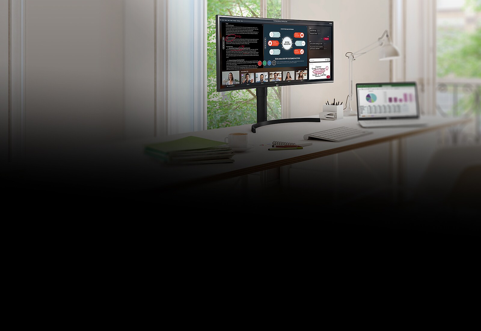 34WN80C az asztalra van helyezve és megtekintheti az eszköz kulcsfontosságú tulajdonságait