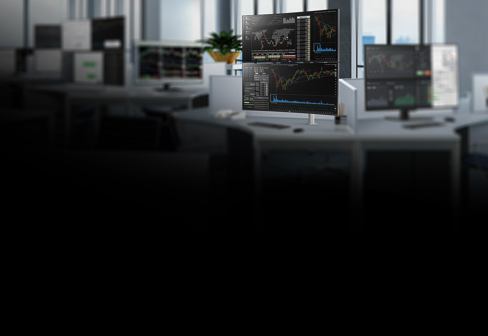 Két 38WN95C monitor kettős függőleges monitor állványra van felszerelve és megtekintheti az eszköz kulcsfontosságú tulajdonságait