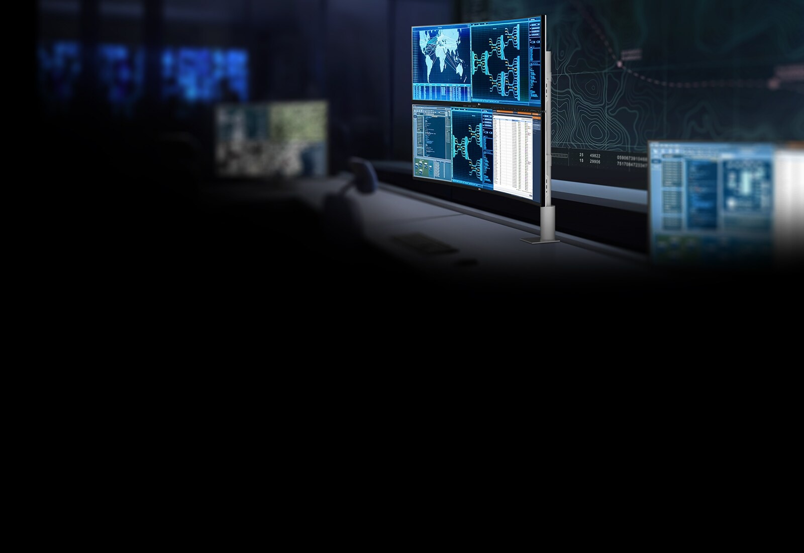 Két 49WL95C monitor kettős függőleges monitor állványra van felszerelve és megtekintheti az eszköz kulcsfontosságú tulajdonságait