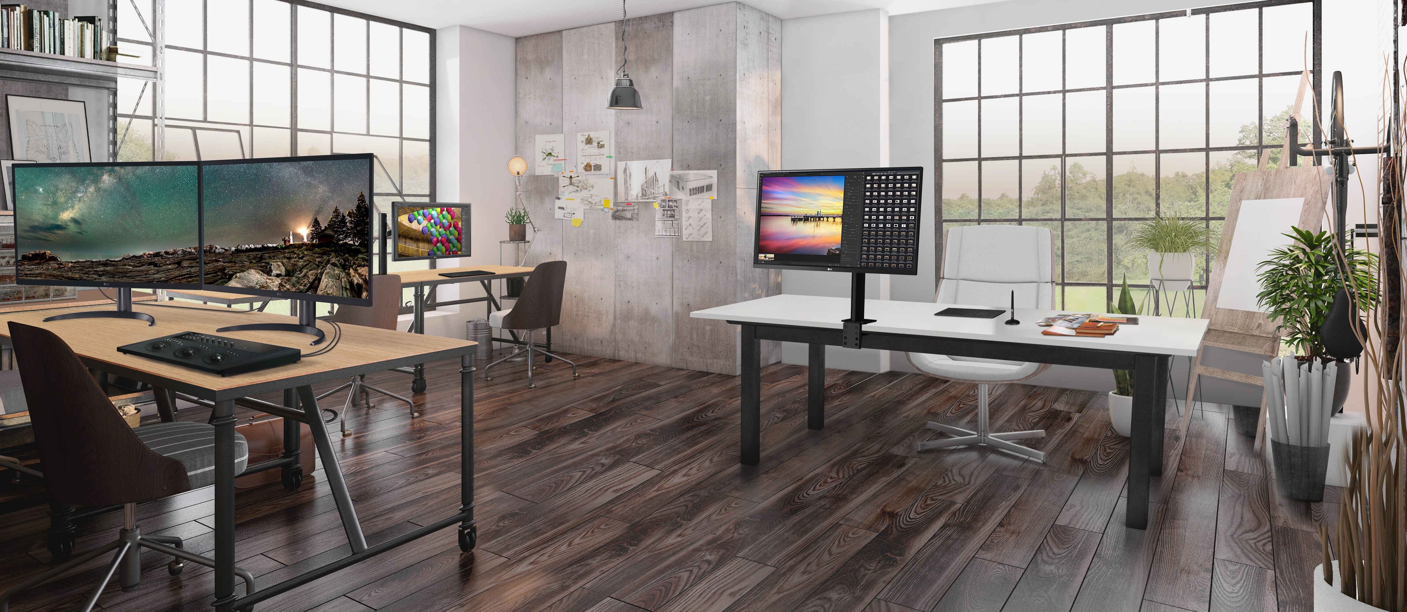 32EP950, 27UN880, és 32UN880 az asztalra van helyezve a kreatív stúdióban