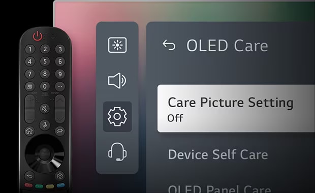 An image of the remote control and LG OLED Care menu