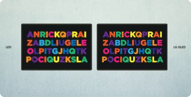 An LED and OLED television appear side by side. Colorful letters are shown on the screen then arrange themselves to create blue text with the words 'BLUE LIGHT.' On the LED, the blue light glares, yet on OLED, it is muted.