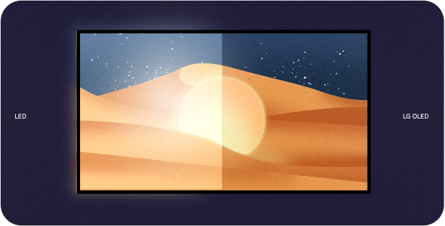 A television is hung on a wall with LED and LG OLED portrayed on either side. As the scene changes from day to night, the LED side consistently has significantly more glare than LG OLED.