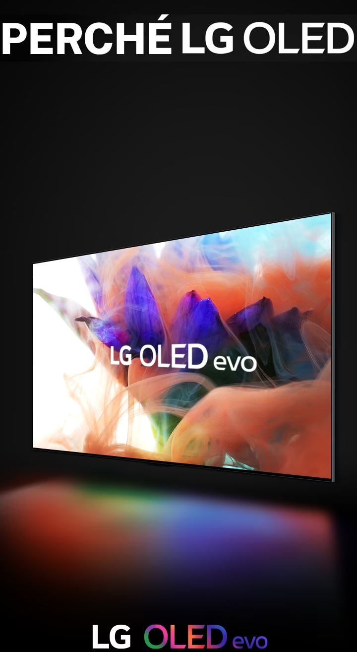 Il TV LG OLED evo appare dall’ombra, quindi riempie lo schermo con un’intensa immagine floreale astratta sulla quale si legge il testo L’unicità OLED evo