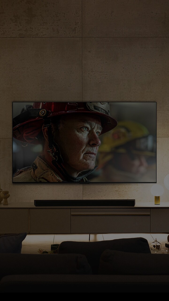 A wall-mounted LG OLED TV is in a white and bright room with natural decorations. As the screen moves, the scene changes from day to night. with Dolby Vision IQ logo