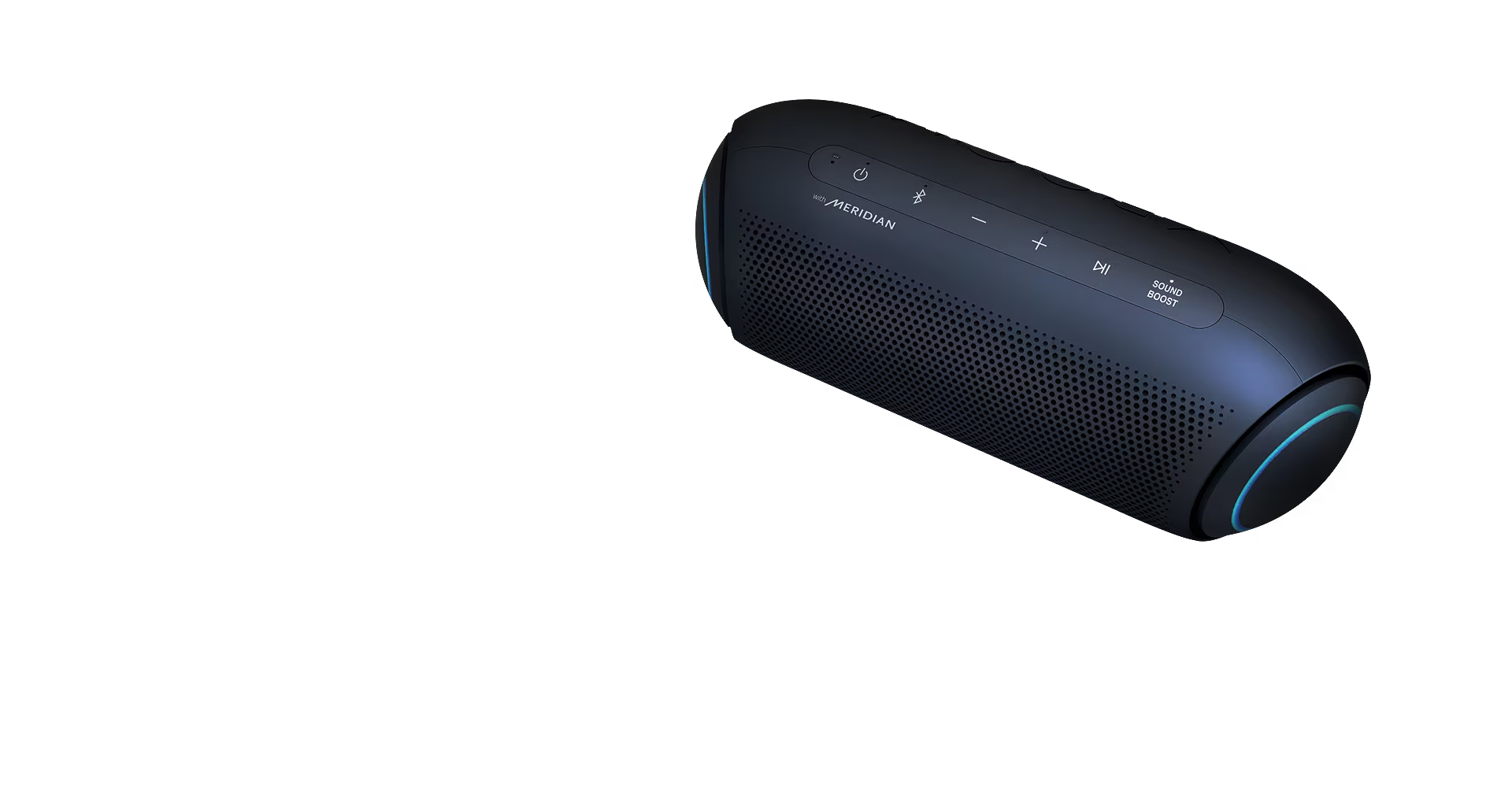 Un LG XBOOM Go PL7 con iluminación azul sobre un fondo negro con un efecto ondulante debajo para representar ondas de sonido.