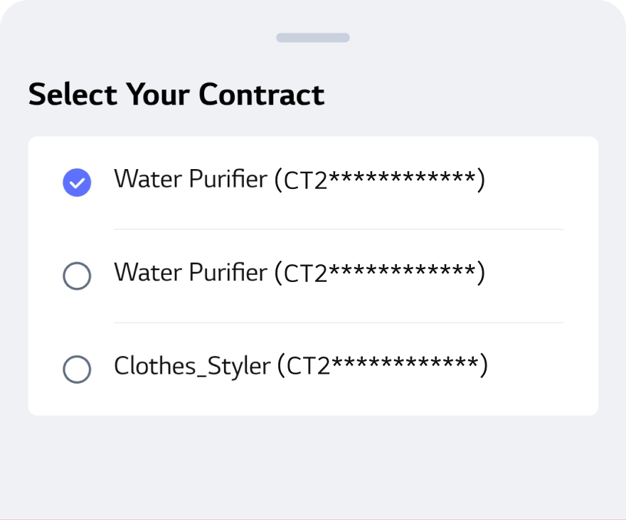 Contract dropdown list showing several products, including Water Purifier and Clothes Styler