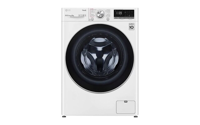 Front view of a white LG smart washing machine.