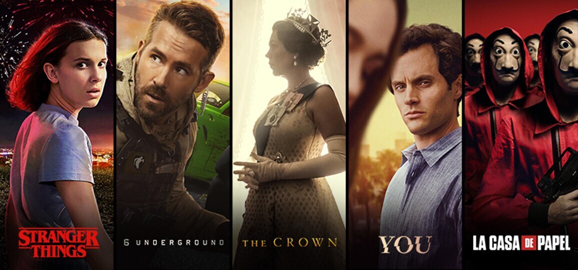 Logo NETFLIX i cztery pionowe karty tytułowe Stranger Things, 6 Underground, The Crown, You i dom z papieru.