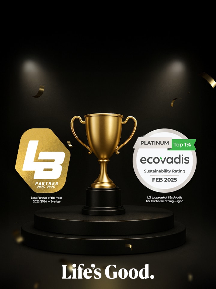 En gyllene trofé på svart bakgrund med några gyllene prickar. Bästa varumärke av året. Rubrik L&B-logo.