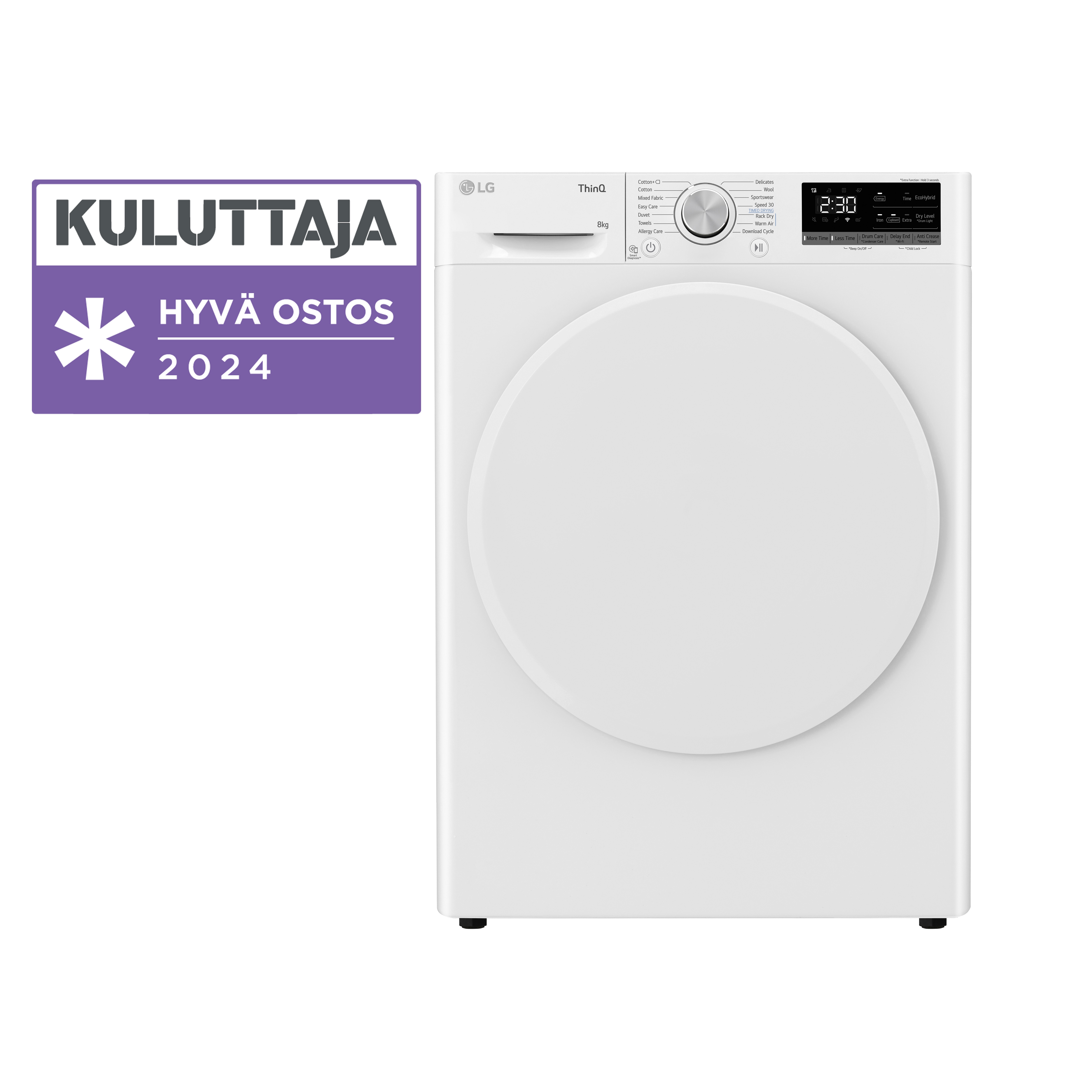 Vy framifrån av 8-kg DUAL Inverter Heat Pump™ -torktumlare med ™ Eco Hybrid™ och värmepumpsteknologi, RH80V5AV0N