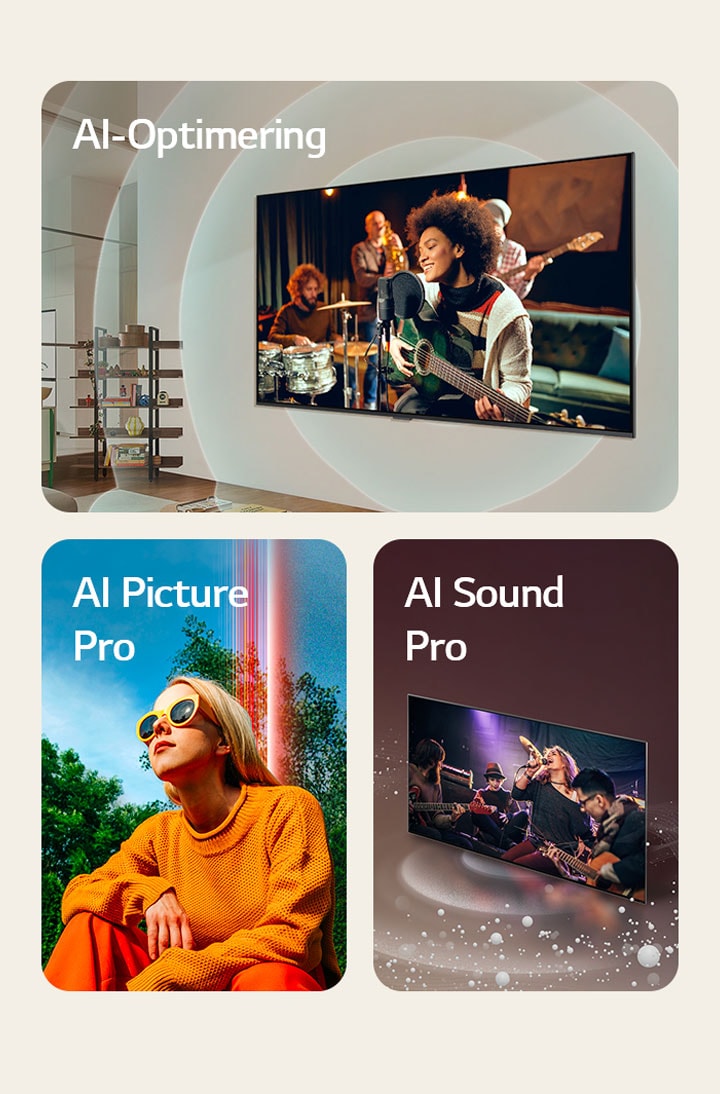 Televisor LG montado en una pared en una sala de estar con un guitarrista en la pantalla, como gráficos circulares concéntricos que representan ondas de sonido y las palabras "AI Customization" arriba a la izquierda. Una mujer agachada afuera en un día soleado frente a árboles y un cielo azul, y las palabras "AI Picture Pro" arriba a la izquierda. Televisor LG con burbujas de sonido y ondas emitidas desde la pantalla y llenan el espacio, y la palabra "AI Sound Pro" arriba a la izquierda.