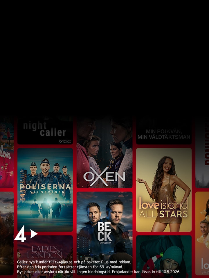 En mörk reklambanner som visar ett collage av film- och tv-seriebilder ordnade i rader. Kända titlar som “The Matrix”, “Breaking Bad” och “Polseres Vermelles” syns bland flera andra. Layouten liknar en streamingtjänst, med svart bakgrund och färgstarka bildrutor som framhäver olika titlar. Till vänster syns en liten ikon med “4+”.