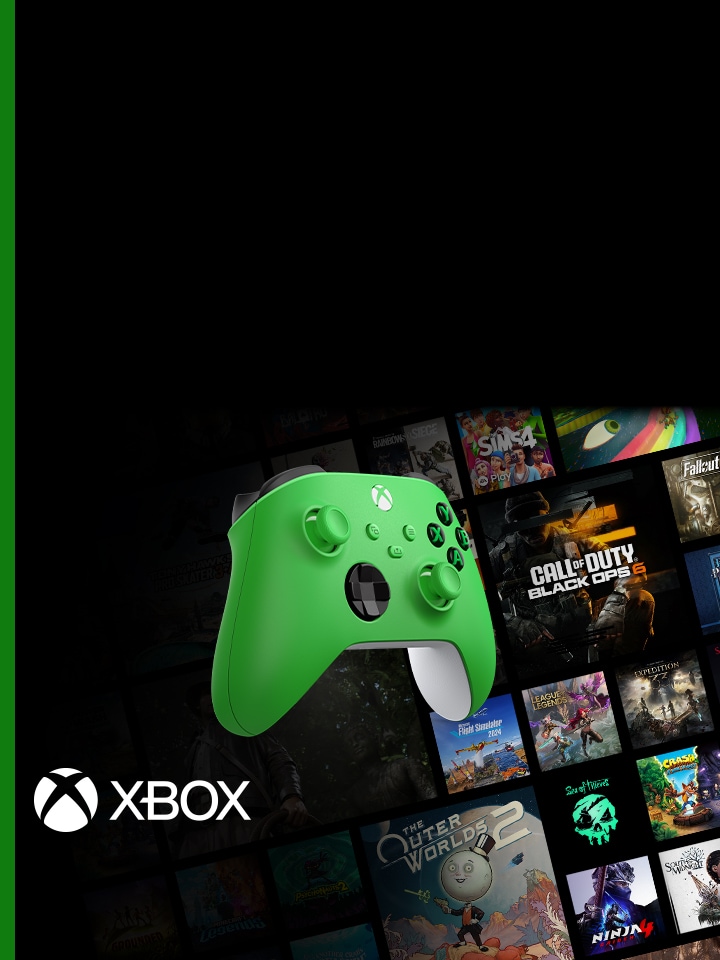 Reklambild med en ljusgrön Xbox-handkontroll mot en svart bakgrund, omgiven längst ned och till höger av en mosaik av olika spelomslag. Xbox-logotypen syns i nedre vänstra hörnet