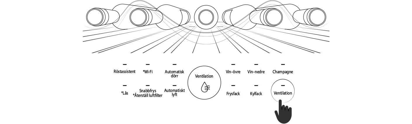 Illustration av ett finger som trycker på ikonen ”Ventilation” på LG SIGNATURE vinkylens touch-display.