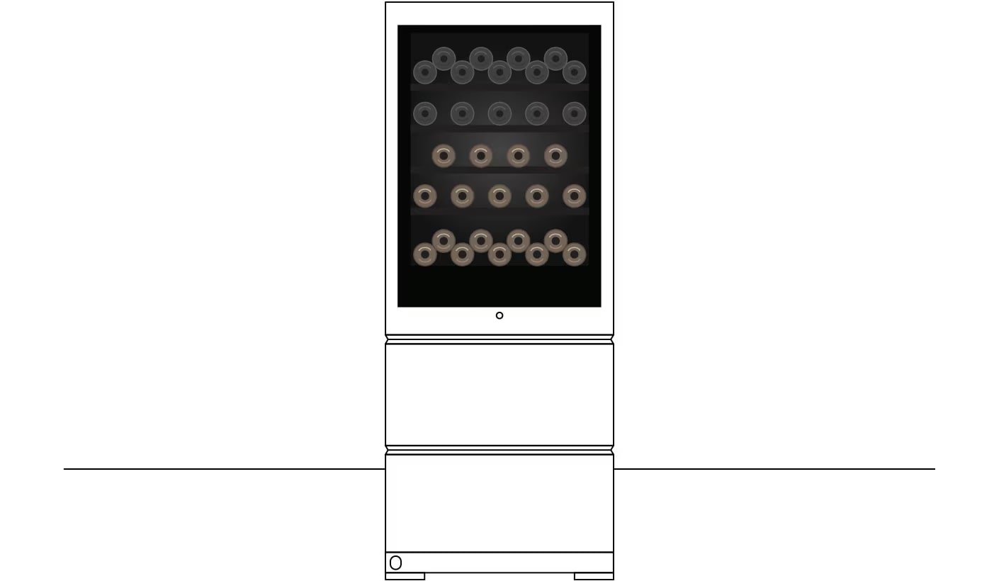 Olika typer av viner placerade i LG SIGNATURE:s vinkyl syns genom InstaView-panelen.