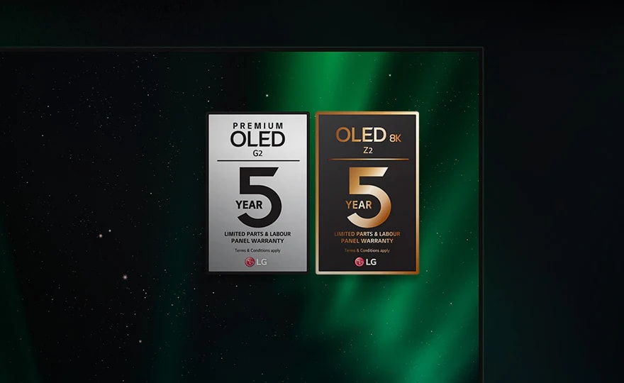 Garantilogotyperna för Z2 och G2 visas på OLED-TV-skärmen
