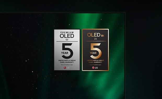 Garantilogotyperna för Z2 och G2 visas på OLED-TV-skärmen