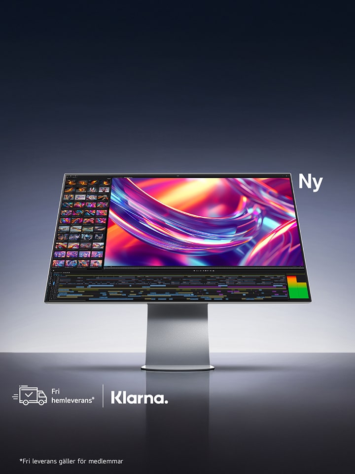 LG UltraWide böjd bildskärm på ett stilrent stativ mot mörk bakgrund, med en färgstark abstrakt grafik på skärmen.