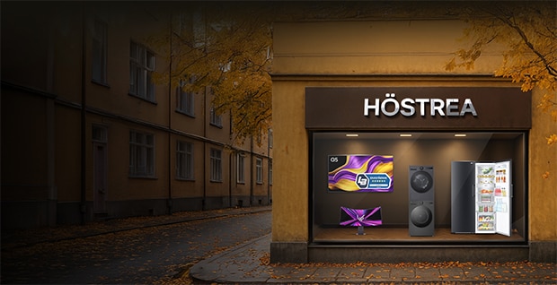 Det här är en bild på en svart tvättmaskin mot en svart bakgrund som lyfter fram dess AI-funktioner. Meddelandet lyder: *Få upp till 6 000 kr i rabatt med kupong när du beställer utvalda tvättprodukter.*