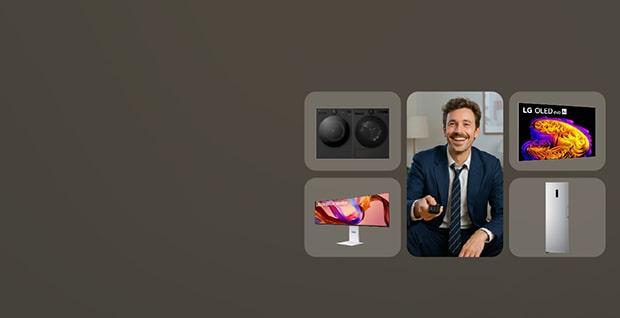 Reklambanner för LG med ett urval av produkter för hem och underhållning. Till vänster visas rubriken "Back to work med LG. Gör återgången till jobbet till en nystart." tillsammans med ett erbjudande om upp till 50 % rabatt på utvalda produkter. Nedanför finns ikoner för fri hemleverans och Klarna. Till höger visas ett rutnät med flera LG-produkter, bland annat en tvättmaskin och torktumlare, en ultrabred datorskärm, en OLED-TV och ett kylskåp. I mitten sitter en leende person i kostym och håller en fjärrkontroll. LG:s slogan "Life's Good." syns längst ned till höger.  