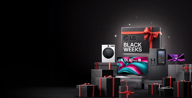 LG Black Weeks-kampanj med olika LG-elektronik, inklusive en TV, tvättmaskin, högtalare, bärbar dator och andra enheter, visade bland presentaskar inslagna i svart med röda band mot en mörk bakgrund