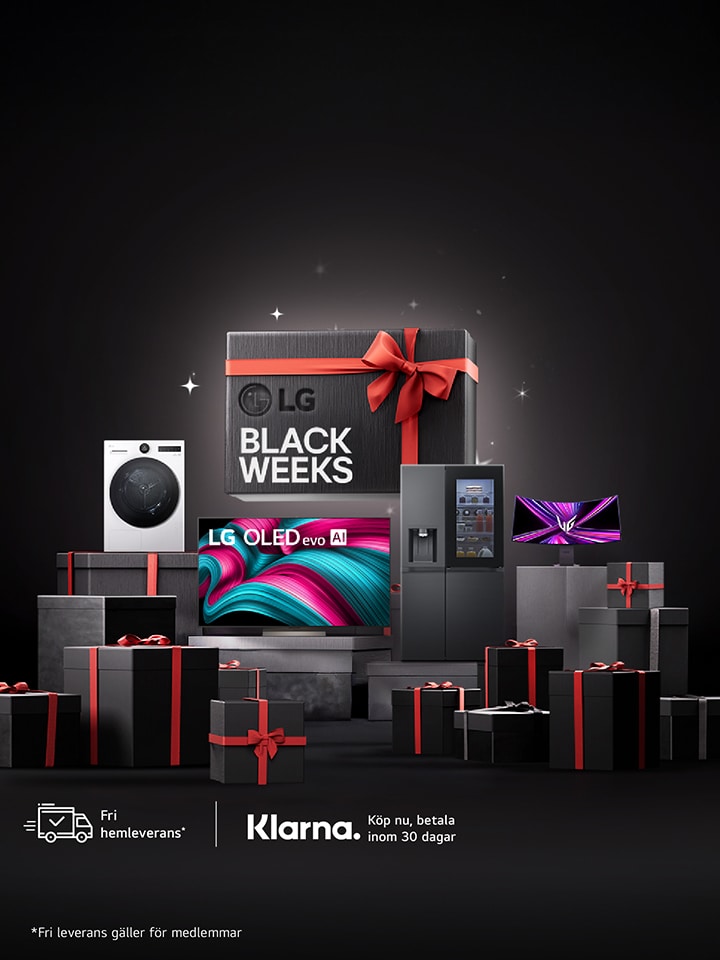 LG Black Weeks-kampanj med olika LG-elektronik, inklusive en TV, tvättmaskin, högtalare, bärbar dator och andra enheter, visade bland presentaskar inslagna i svart med röda band mot en mörk bakgrund
