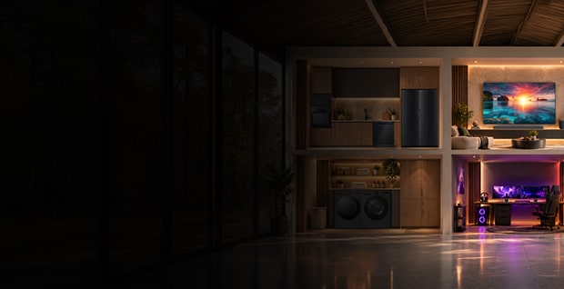 LG-banner med rubriken ”LG utvalda paket: Handplockade paket för hela hemmet” och en bakgrundsbild som visar fyra rum i ett modernt hem utrustade med svarta elektronikprodukter och vitvaror.