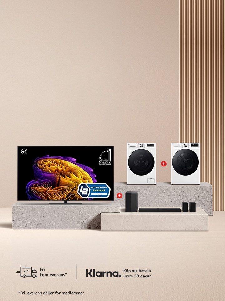 Kampanjbanderoll för LG som visar en G6 OLED-TV, en soundbar och två tvättmaskiner på podier, tillsammans med rubriken ”Handplockade paket för hela hemmet” samt logotyper för Klarna och fri hemleverans.