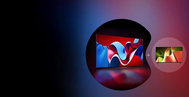 Bild av två LG-TV-apparater, var och en inuti en cirkel – en större (C4 TV) än den andra. (B4 TV)