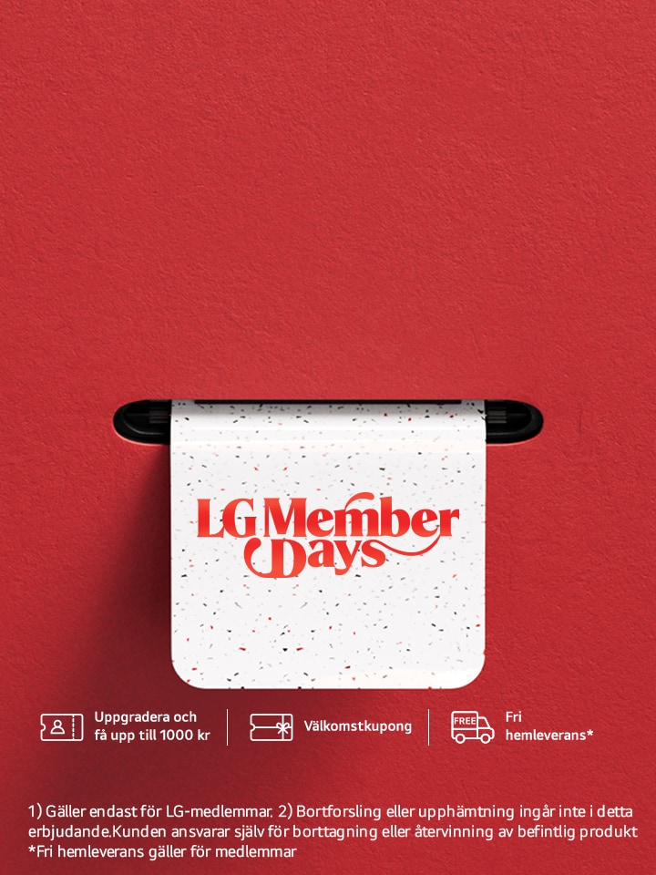 Röd bakgrund med en vit pappersrulle som hänger från en svart stång. På rullen står texten "LG Member Days" i rött. LG:s logotyp och kampanjinformation visas längst ner i bilden.
