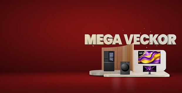 En röd reklambild med texten “MEGA VECKOR” till höger, som visar LG-apparater inklusive ett kylskåp, en tvättmaskin, en bildskärm och en TV placerade på en yta.