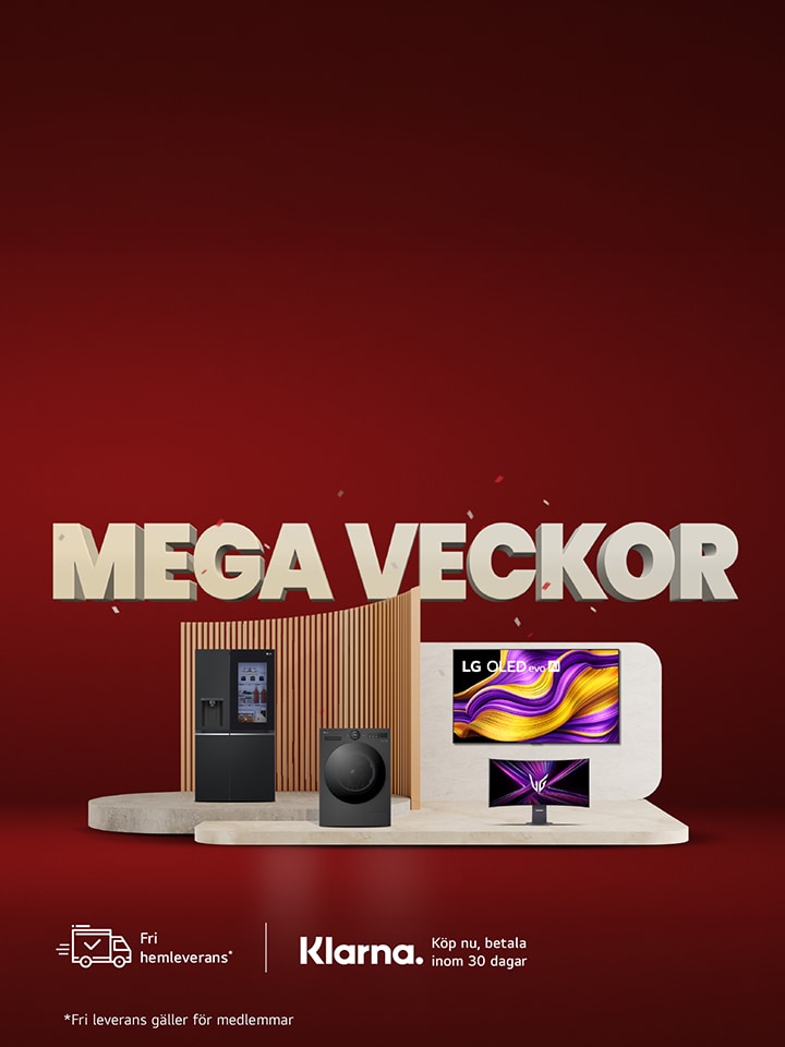 En röd reklambild med texten “MEGA VECKOR” till höger, som visar LG-apparater inklusive ett kylskåp, en tvättmaskin, en bildskärm och en TV placerade på en yta.