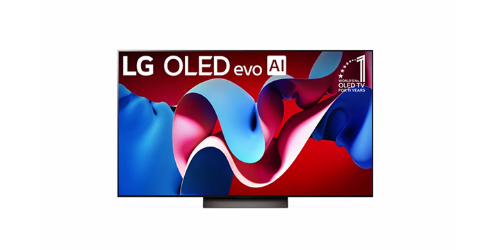 Bild av LG OLED Evo TV AI med vågbild i röda och blå färger.