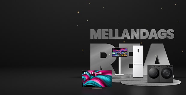En mörk reklamposter med texten ‘MELLANDAGS REA’. Framför texten står olika LG-produkter, inklusive en färgstark böjd LG-skärm, en annan LG-bildskärm, en hög vit LG-apparat samt ett LG-tvätt- och torkpaket. Bakgrunden är svart med små gyllene gnistor