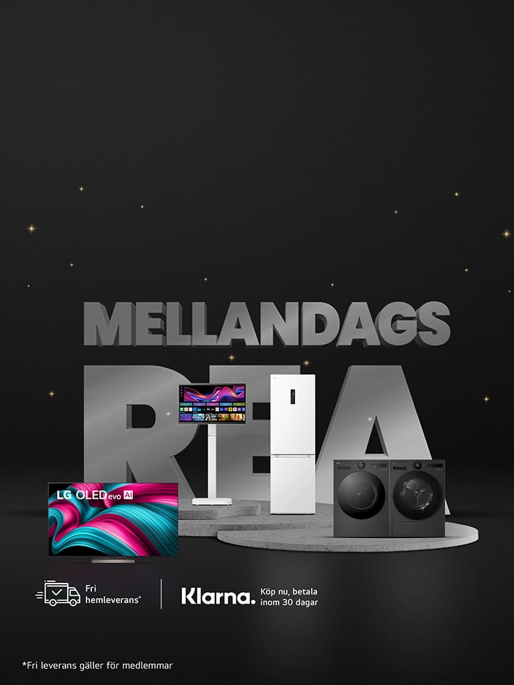 En mörk reklamposter med texten ‘MELLANDAGS REA’. Framför texten står olika LG-produkter, inklusive en färgstark böjd LG-skärm, en annan LG-bildskärm, en hög vit LG-apparat samt ett LG-tvätt- och torkpaket. Bakgrunden är svart med små gyllene gnistor