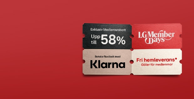 Reklambanner för LG Member Days med röd bakgrund. Till vänster visas vit text med rubriken ”Passa på och maxa din rabatt” samt information om att medlemmar kan få upp till 65 % rabatt genom att utnyttja sina medlemsförmåner i kassan. Under texten finns en vit knapp med texten ”Köp nu”.