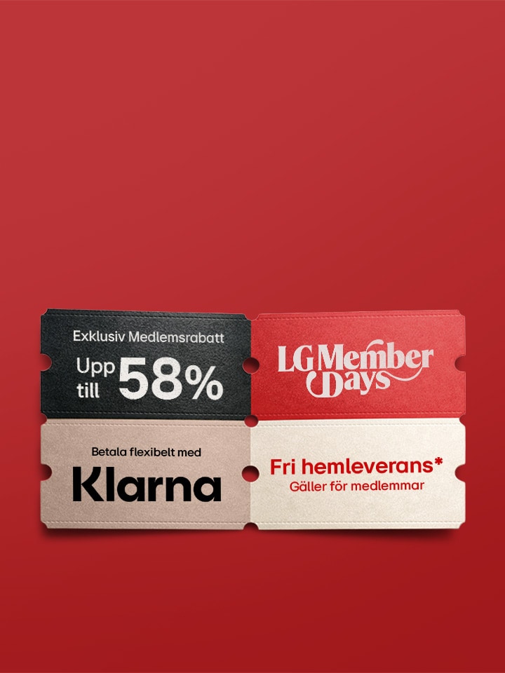 Reklambanner för LG Member Days med röd bakgrund. Till vänster visas vit text med rubriken ”Passa på och maxa din rabatt” samt information om att medlemmar kan få upp till 65 % rabatt genom att utnyttja sina medlemsförmåner i kassan. Under texten finns en vit knapp med texten ”Köp nu”.